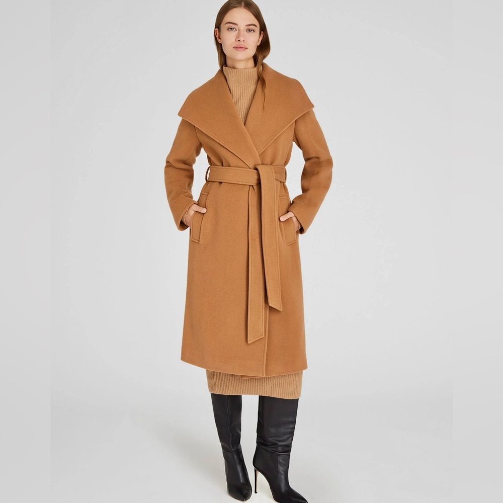 Club Monac Shawl Collar Wool Wrap Coat in Camel Size S